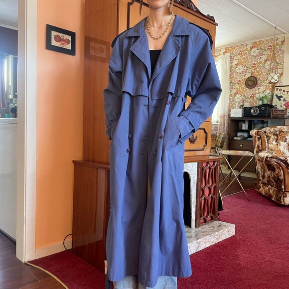 1980s classic double breasted belted periwinkle long trench coat! - Picture 6 of 16